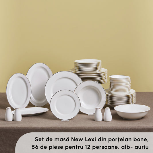 Lexi Gold, 56 Piece New Generation Bone Dinner Set for 12 People