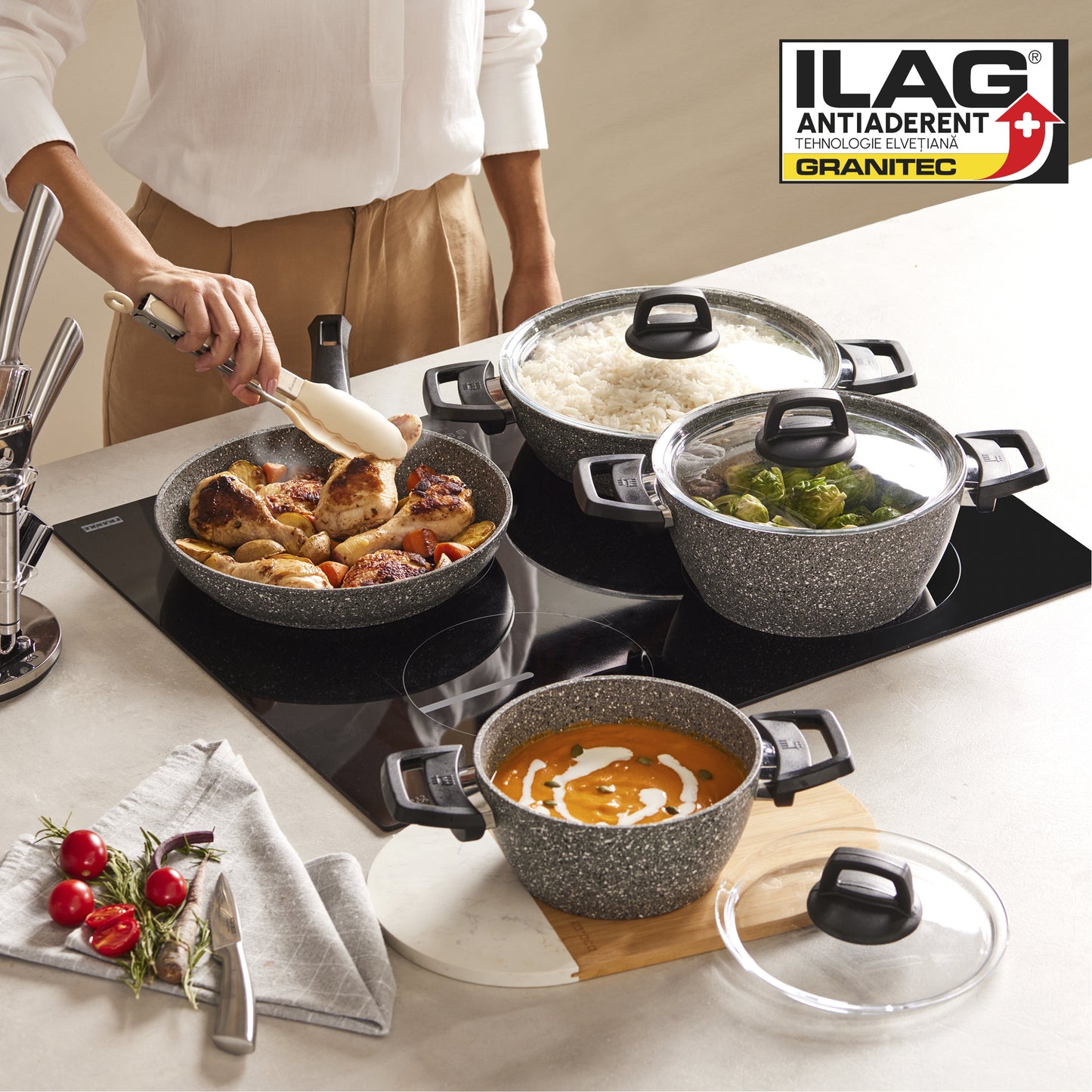 Gris Biogranite, 7 Piece Non-Stick Cookware Set, Induction, Grey