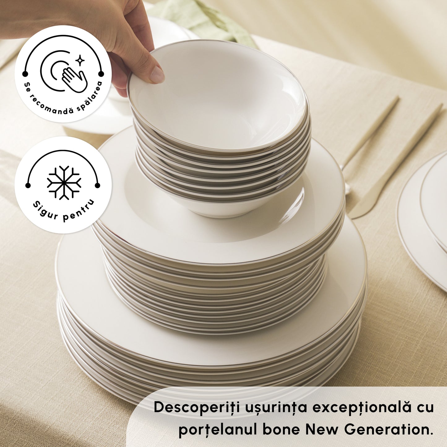 Lexi Platinum, 56 Piece New Generation Bone Dinner Set for 12 People