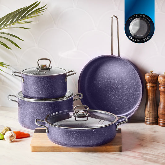 Karaca Biogranite Steel Plus Non-Stick Induction Cookware Set, 7 Piece, Purple