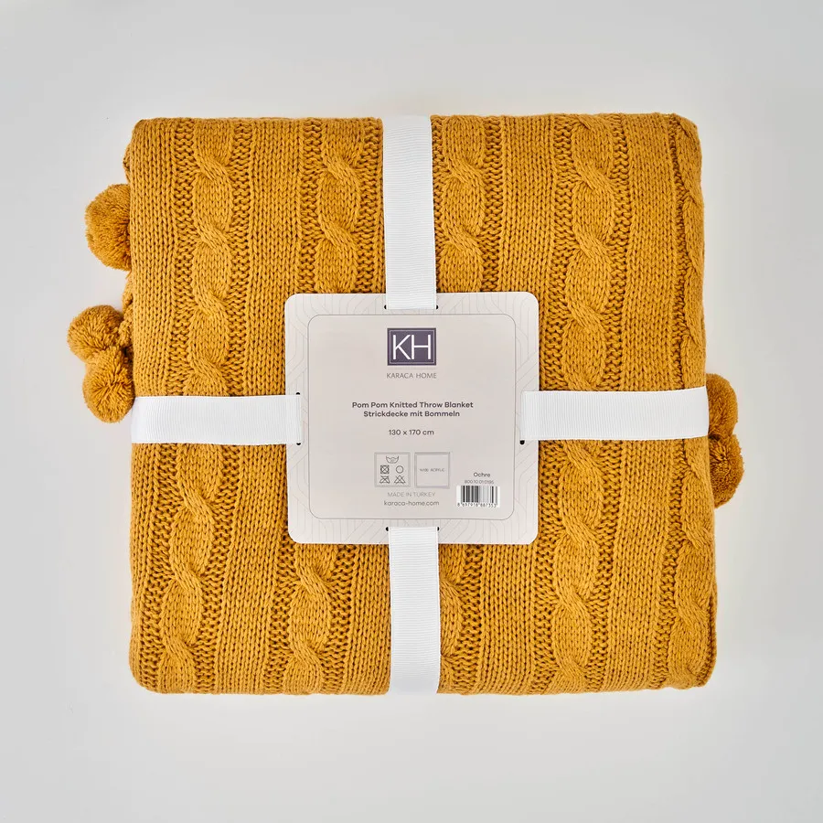 Pompom, Cable Knit Throw, Dark Yellow