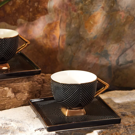 Art Deco, 4 Piece Porcelain Espresso Turkish Coffee Cup Set for 2 People, 90ML, Black Gold