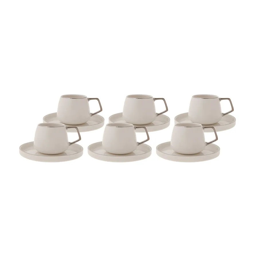 Streamline Saturn, 12 Piece Porcelain Espresso Turkish Coffee Cup Set for 6 People, 100ML, White Silver