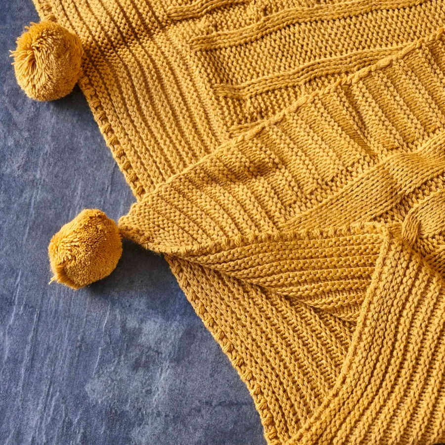 Pompom, Cable Knit Throw, Dark Yellow