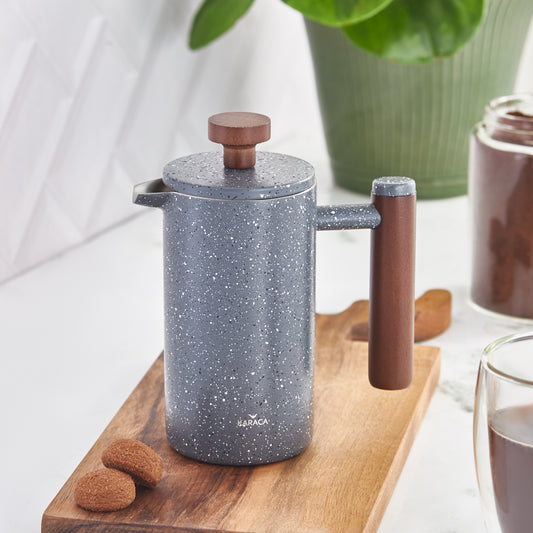 Karaca Double Wall Marble French Press with Chestnut Handle, 350ml, Dark Grey