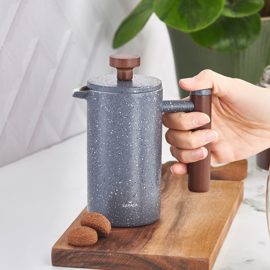 Karaca Double Wall Marble French Press with Chestnut Handle, 350ml, Dark Grey