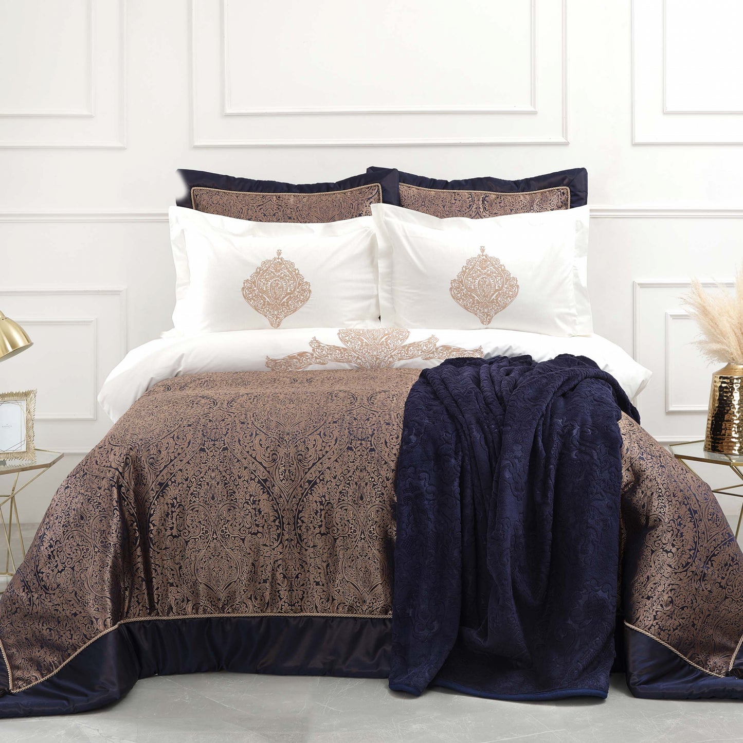 Karaca Home Deborah Bedding Set with Bed Sheet, 10 Piece, Double, Navy Blue