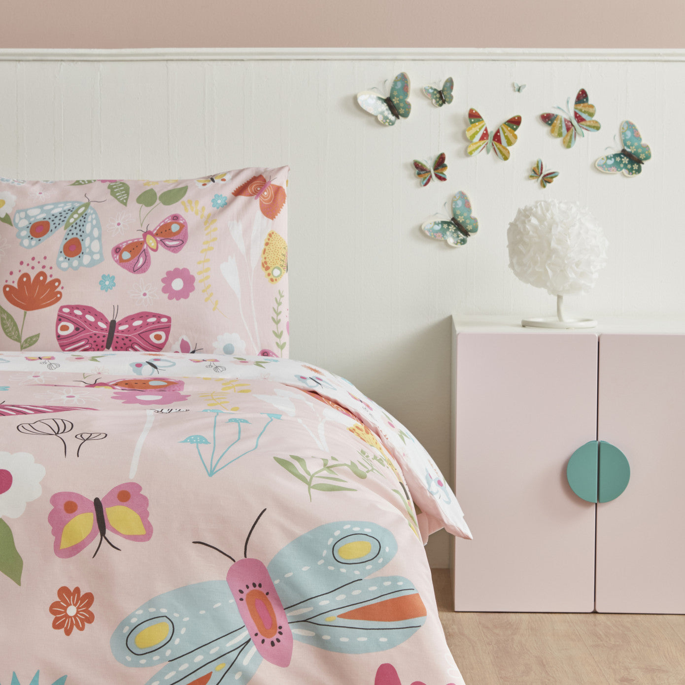 Young Butterfly,  100% Turkish Cotton Duvet Cover Set, Single, Pink