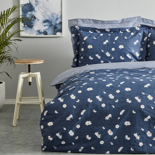 Daisy, 100% Turkish Cotton Duvet Cover Set, Single, Indigo