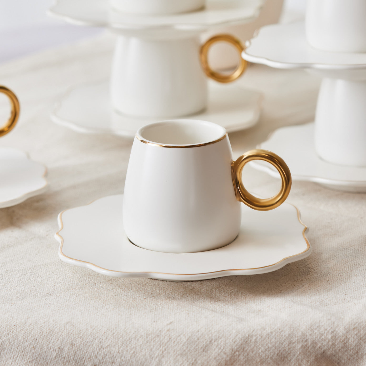 Oya, 12 Piece Porcelain Espresso Turkish Coffee Cup Set for 6 People, 75ML, White Gold