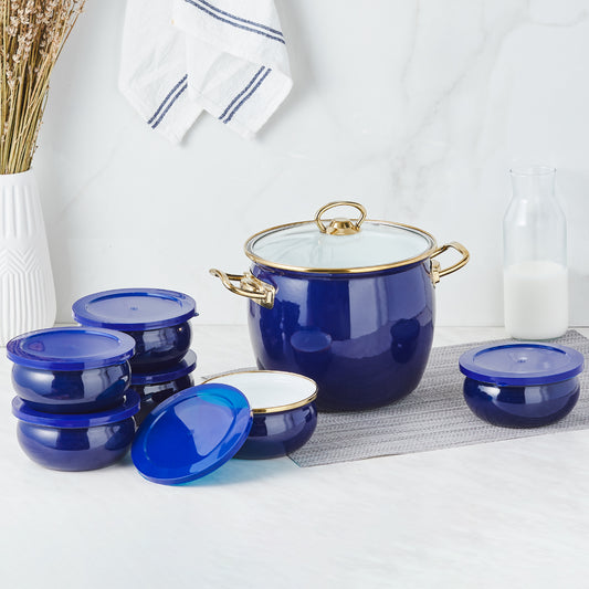 Karaca Retro Enamel Yoghurt Fermentation Set, 7 Piece, Navy Blue Gold