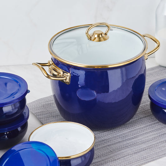 Karaca Retro Enamel Yoghurt Fermentation Set, 7 Piece, Navy Blue Gold