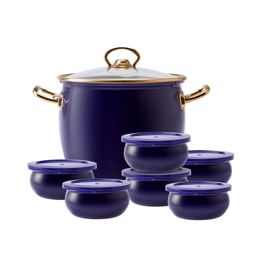 Karaca Retro Enamel Yoghurt Fermentation Set, 7 Piece, Navy Blue Gold