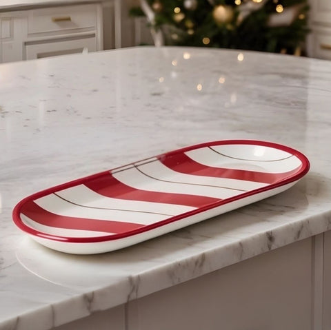 New Year Christmas Candy, Stripe Serving Platter, 28cm, Red