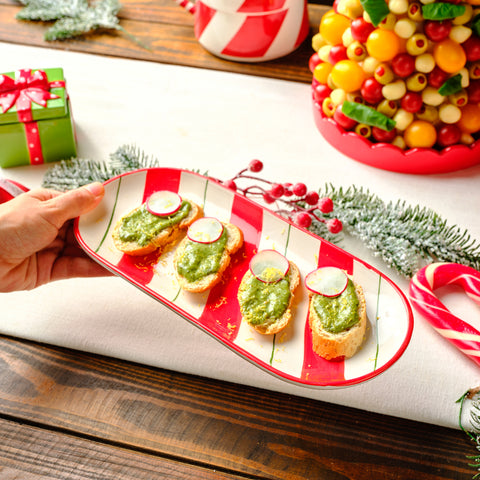 New Year Christmas Candy, Stripe Serving Platter, 28cm, Red