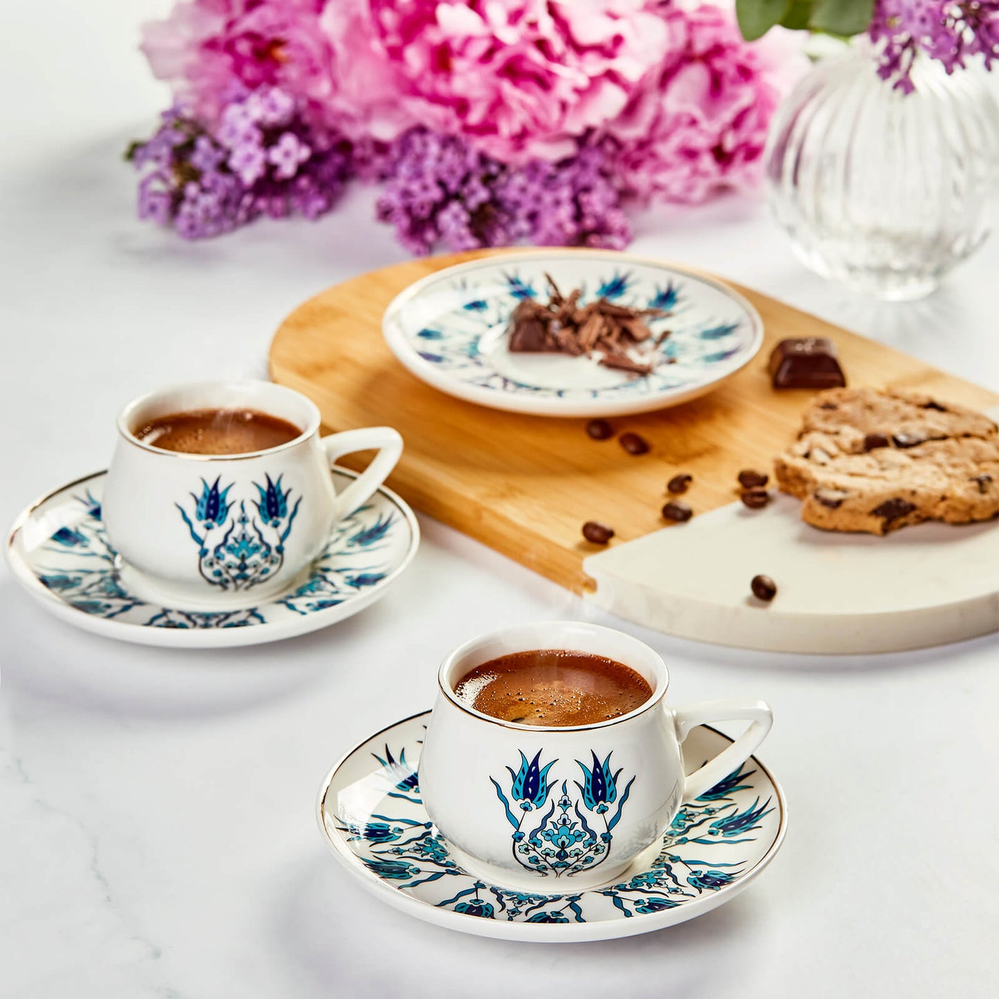 Iznik New Form, 12 Piece Porcelain Espresso Turkish Coffee Cup Set for 6 People, 100ML, Blue White