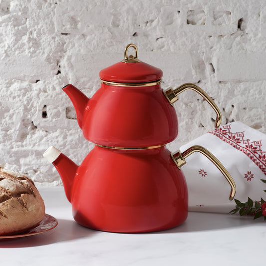 Karaca Retro Enamel Teapot Set, Red