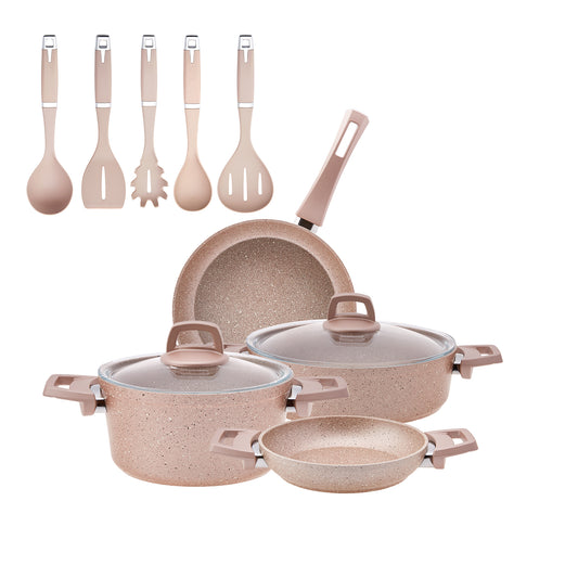 Karaca Biogranite Non-Stick Cookware Set with Kitchen Utensil Set, 9 Piece, Rose Gold