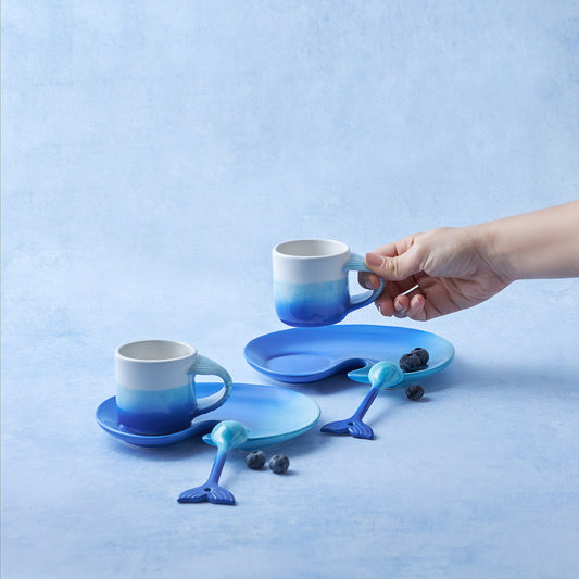 Mermaid, 4 Piece Porcelain Espresso Turkish Coffee Cup Set for 2 People, 130ML, Blue Multi