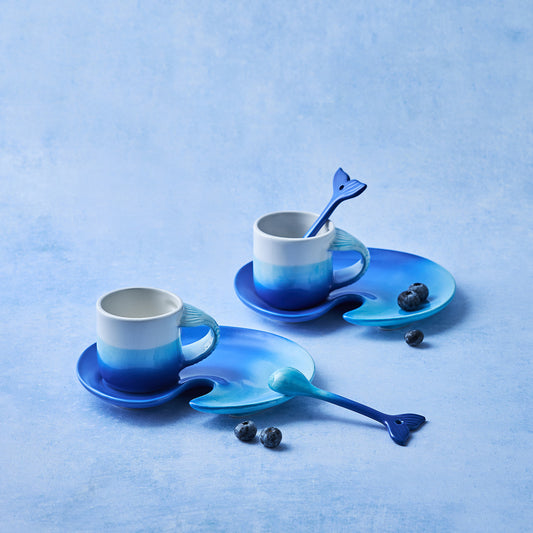 Mermaid, 4 Piece Porcelain Espresso Turkish Coffee Cup Set for 2 People, 130ML, Blue Multi