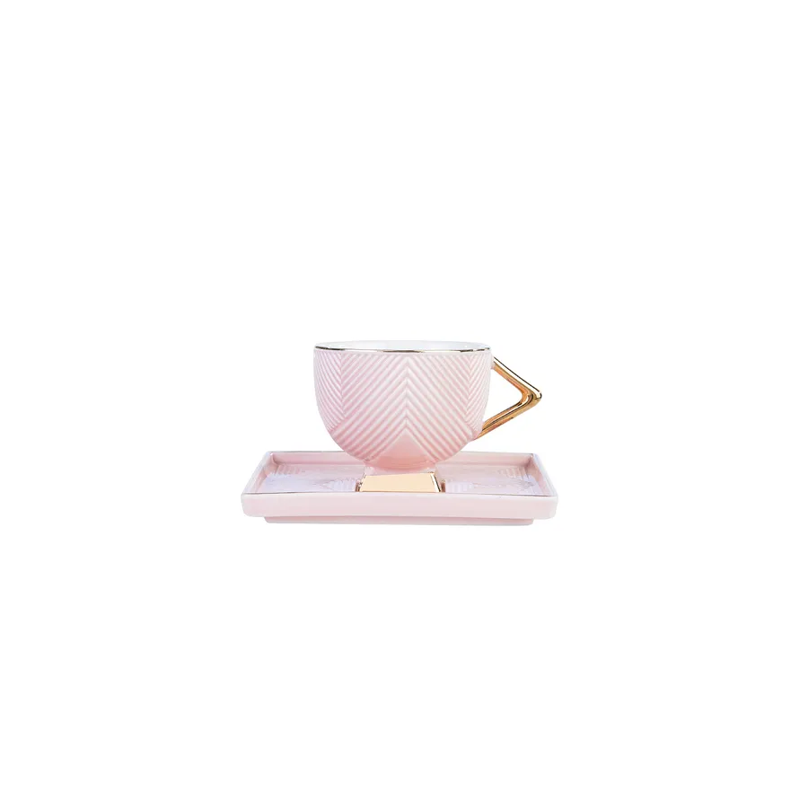 Art Deco, 4 Piece Porcelain Espresso Turkish Coffee Cup Set for 2 People, 80ML, Pink Gold