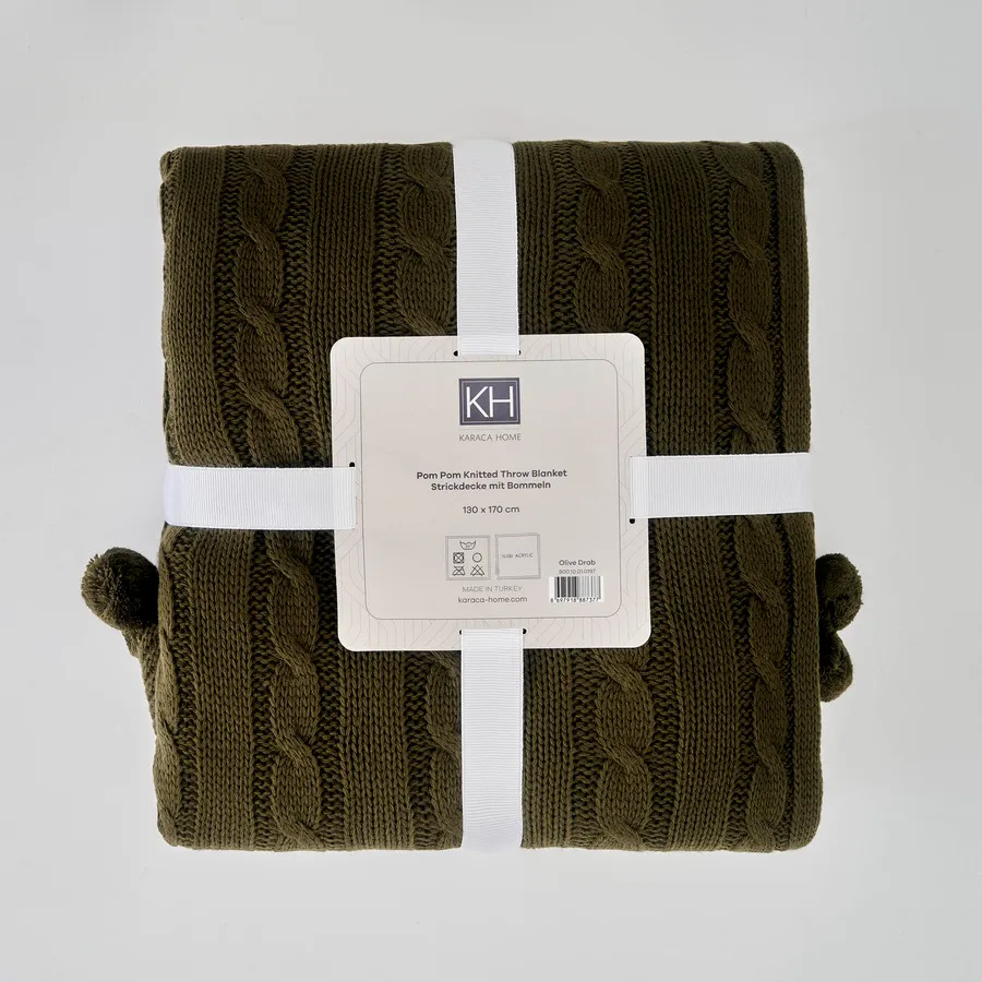 Pompom, Cable Knit Throw, Olive Drab