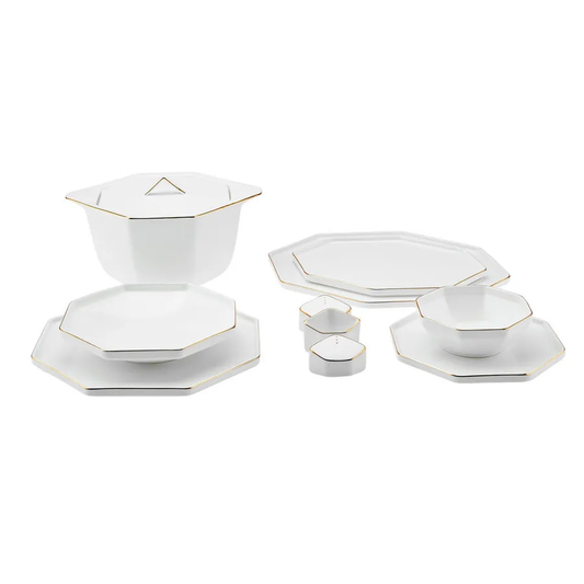 Fine Pearl Extra Eight Corner, 62 Piece Dinner Set for 12 People, White Gold