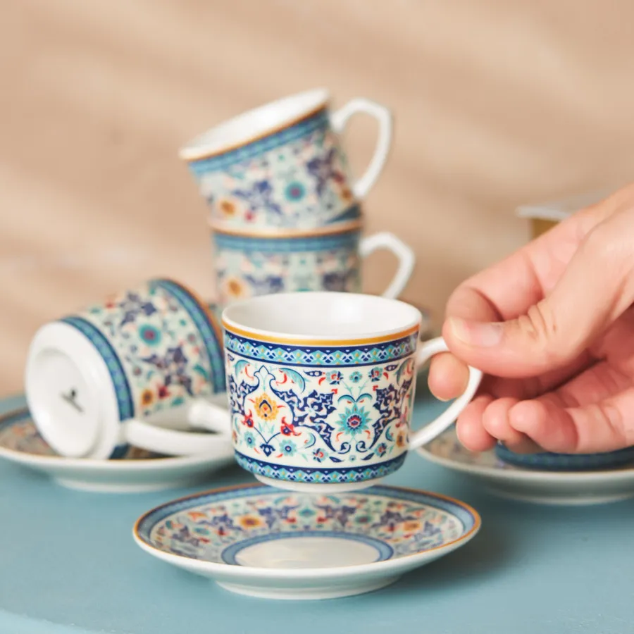 Beylerbeyi, 12 Piece Porcelain Turkish Coffee Cup Set for 6 People, 80ML, White Blue Multi