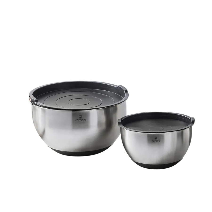 2 Piece Stainless Steel Mixing Bowl Set with Lid, Silver Black