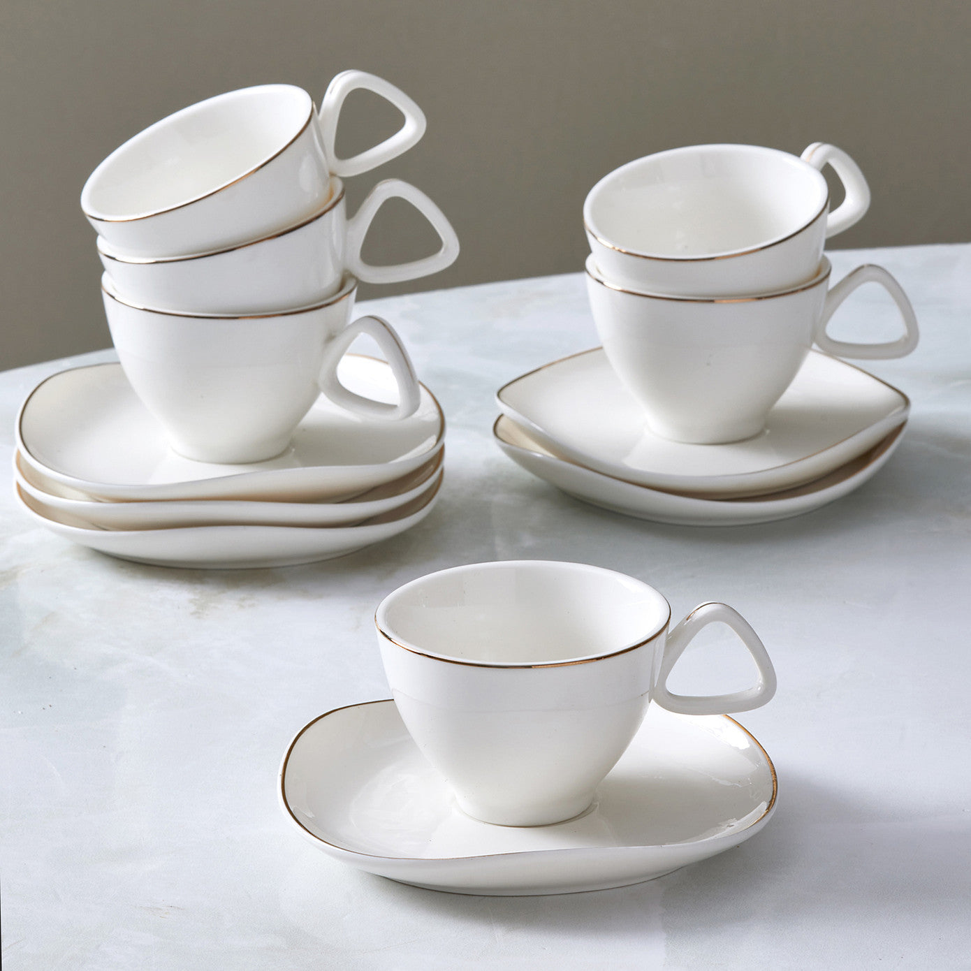 Streamline Middle, 12 Piese, Set cești de Cafea Turcească pentru 6 persoane, 80ML, Alb Aur