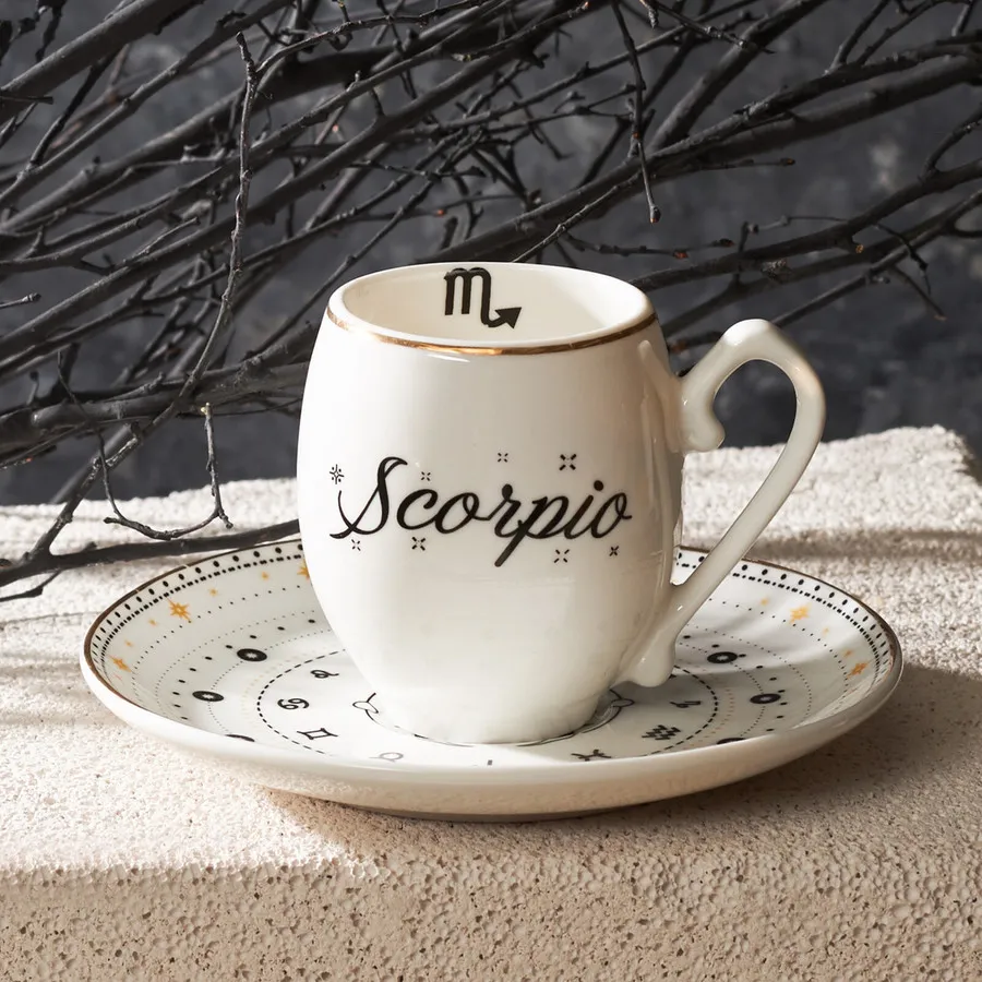 Signs of the Zodiac Scorpio, 2 Piece Porcelain Espresso Turkish Coffee Cup Set for 1 People, 90ML, Multi