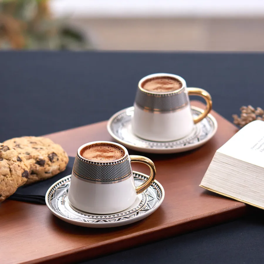 Globe, 4 Piece Porcelain Espresso Turkish Coffee Cup Set for 2 People, 80ML, Multi