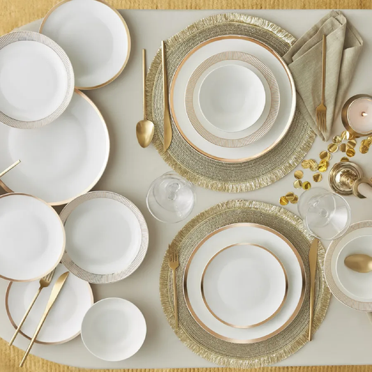 Gold Line, 24 Piece Porcelain Dinner Set for 6 People, White Gold