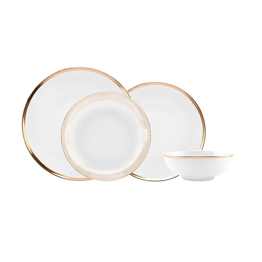 Gold Line, 24 Piece Porcelain Dinner Set for 6 People, White Gold