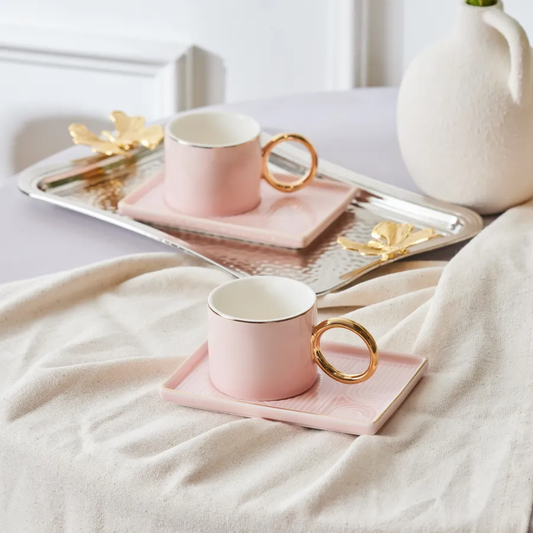 Soho, 4 Piece New Generation Bone Espresso Turkish Coffee Cup Set for 2 People, 80ML, Pink Gold