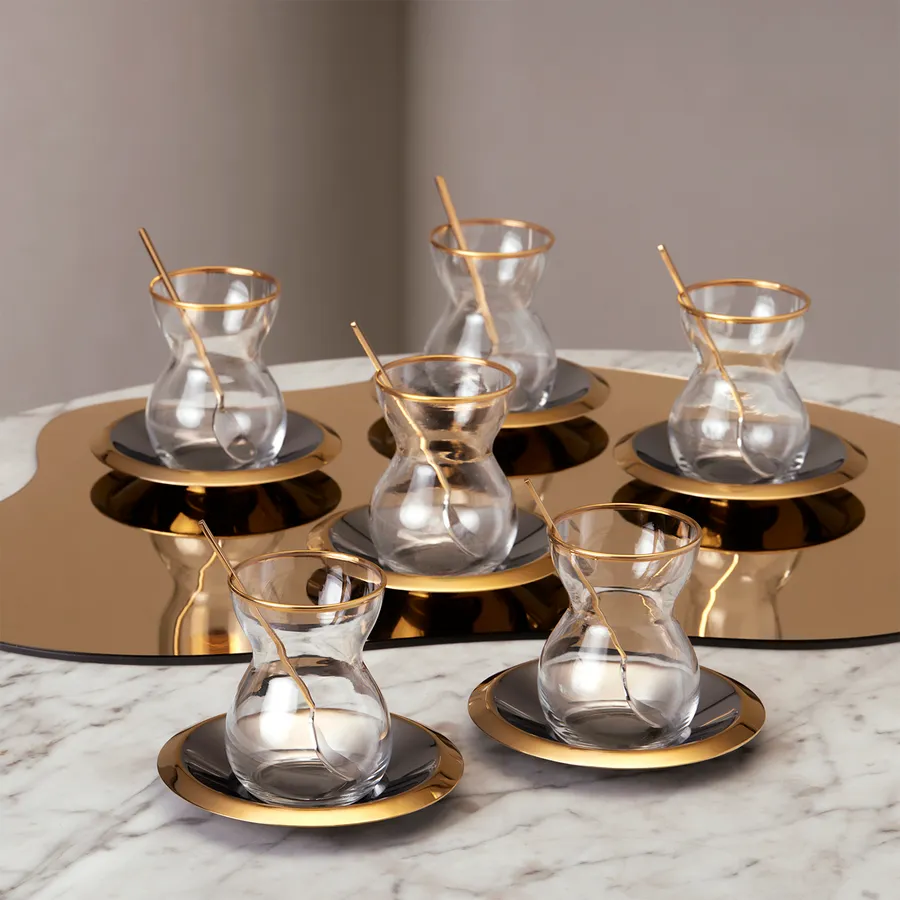 Laçin, 18 Piece Tea Glass Set for 6 People, 120ML, Transparent Gold