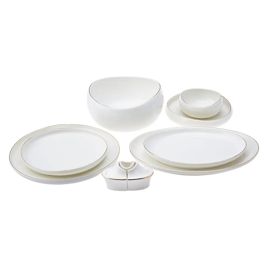 Streamline New Hole, 59 Piece New Generation Bone Dinner Set for 12 People, White Gold