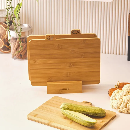 Triple, 4 Piece Bamboo Chopping Board Set with Stand, Wood