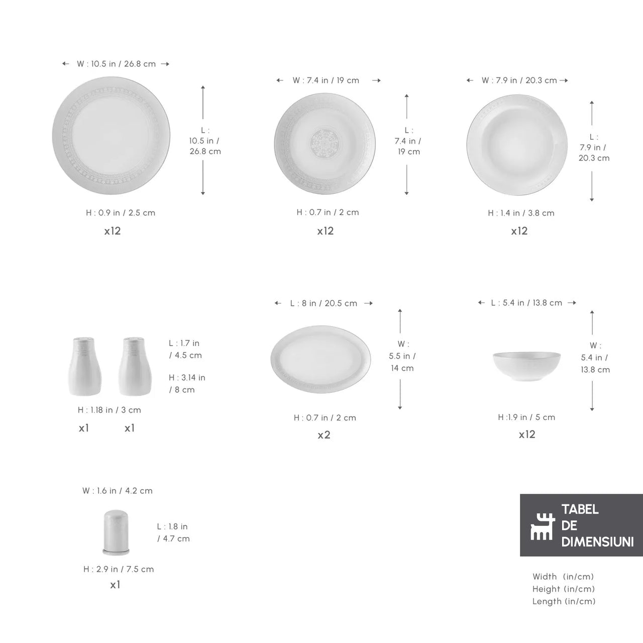 Arte, 53 Piece New Generation Bone Dinner Set for 12 People, White