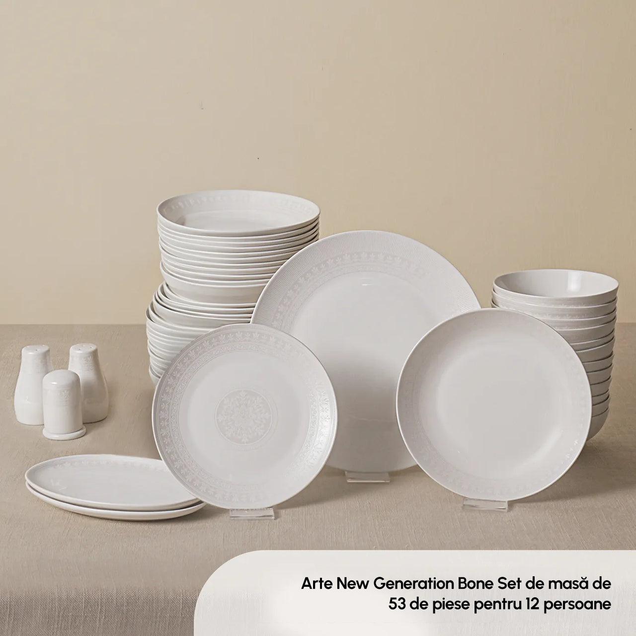 Arte, 53 Piece New Generation Bone Dinner Set for 12 People, White