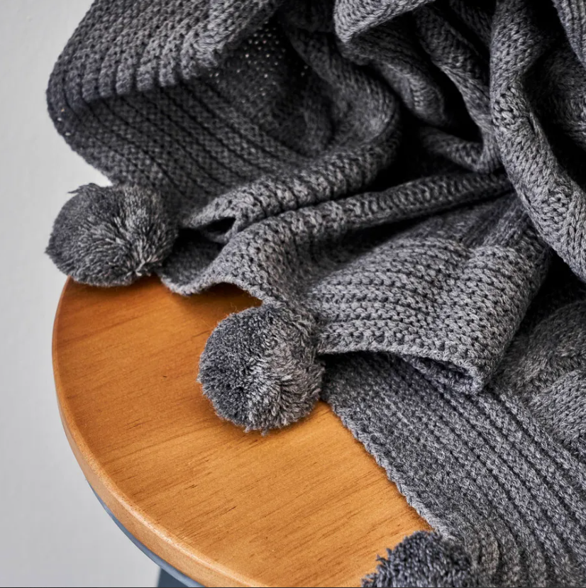 Pompom, Cable Knit Throw, Grey