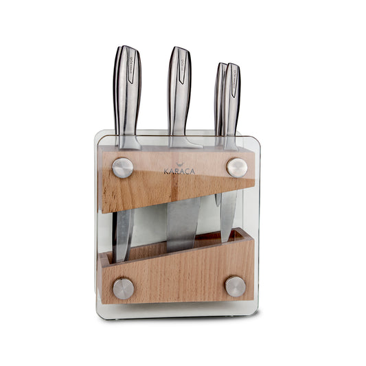 Karaca Venus Knife Set with Block, 6 Piece, Silver