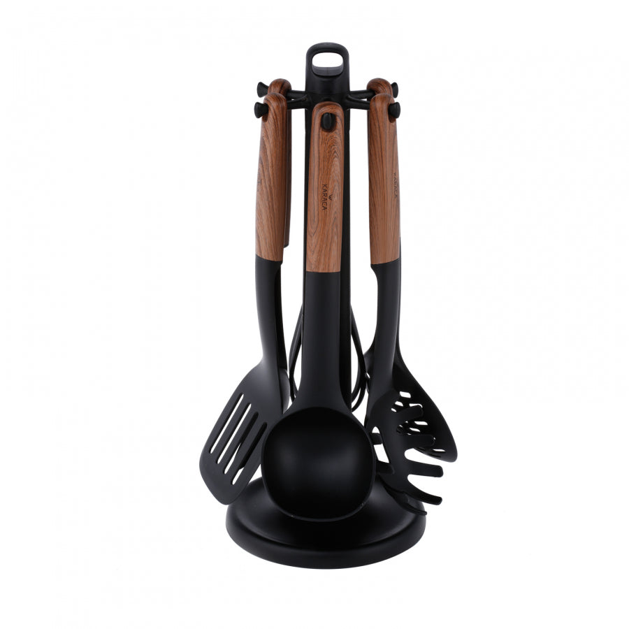 Karaca Woody Kitchen Utensil Set with Stand, 6 Piece, Black Wood