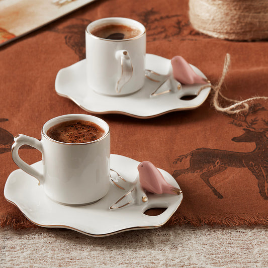 Karaca Lucca Birds 2-Person Coffee Cup Set Pink