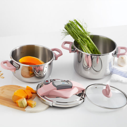 Karaca Stainless Steel Induction Pressure Cooker Set, 2 Piece, 4L+6L, Pink Silver