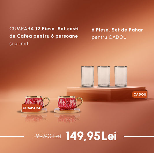 CUMPARA 12 Piese, Set cești de Cafea pentru 6 persoane şi primiti 6 Piese, Set de Pahar pentru CADOU